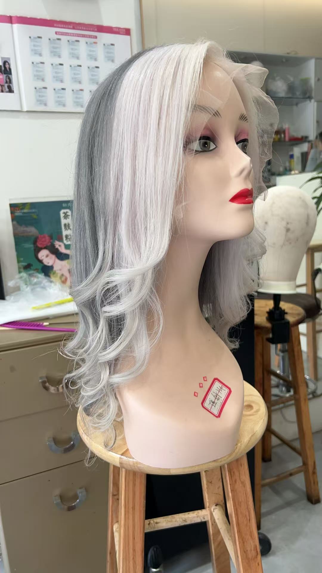 MEBARY Deep Gray with Silver White Highlights Human Hair Lace Wig for White Women