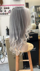MEBARY Deep Gray with Silver White Highlights Human Hair Lace Wig for White Women