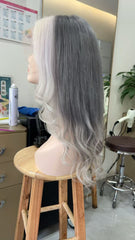 MEBARY Deep Gray with Silver White Highlights Human Hair Lace Wig for White Women
