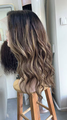 MEBARYHoney Brown 200% Density Long Wavy Lace Front Glueless Wig