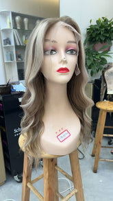 MEBARY Ash Blonde Balayage Wavy Human Hair Wig with Natural Look