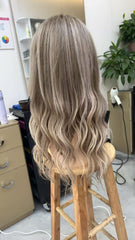 MEBARY Ash Blonde Balayage 200% Density Wavy Human Hair Wig with Natural Look