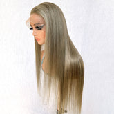 Brown Gray Wig Bone Straight Human Hair HD Lace Frontal Wigs