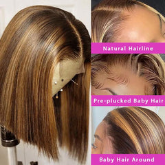 Blonde Brown Highlight Straight Bob Wigs 100% Human Hair For Women