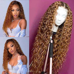 #30 Light Auburn Curly Hair Wig Deep Wave Transparent Lace Front Human Hair Wigs