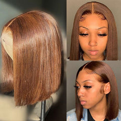Chocolate Brown Straight Bob Wigs Glueless Lace Front Wigs 100% Human Hair