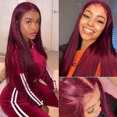 99J Burgundy Glueless Lace Wig Wine Red Silky Straight Human Hair Wigs