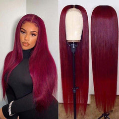 99J Burgundy Glueless Lace Wig Wine Red Silky Straight Human Hair Wigs