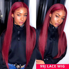 99J Wig Silky Straight Burgundy Transparent HD Lace Front Human Hair Wigs