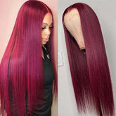 99J Wig Silky Straight Burgundy Transparent HD Lace Front Human Hair Wigs
