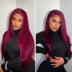 99J Wig Silky Straight Burgundy Transparent HD Lace Front Human Hair Wigs