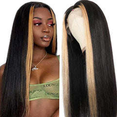 Black Wig With #27 Honey Blonde Streaks In Front 100% Human Hair Wigs