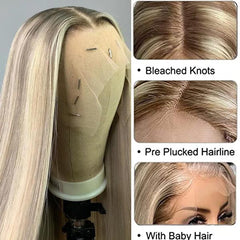 Ash Blonde Balayage Wigs HD Transparent Lace Straight Human Hair Wig