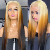 Reverse Blonde Brown Ombre Wig Bone Straight HD Lace Front Human Hair Wigs