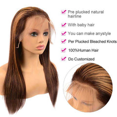 P4/27 Brown Blonde Highlight Brazilian Straight Hair HD Transparent Lace Frontal Human Hair Wigs