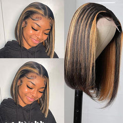 Blonde Brown Highlight Straight Bob Wigs 100% Human Hair For Women