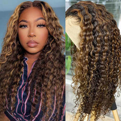 Brown Highlights 360 Lace Frontal Wig Deep Curly Human Hair Wigs