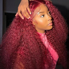 99J Dark Red Burgundy Jerry Curly Wig 360 Transparent Lace Frontal Human Hair Wigs