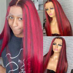 Black Hair With Red Highlights 99J Burgundy Lace Frontal Human Hair Wigs