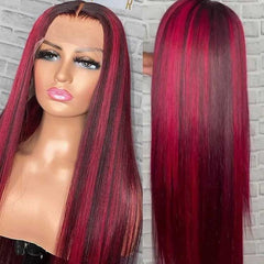 Black Hair With Red Highlights 99J Burgundy Lace Frontal Human Hair Wigs