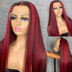 Black Hair With Red Highlights 99J Burgundy Lace Frontal Human Hair Wigs
