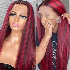 Black Hair With Red Highlights 99J Burgundy Lace Frontal Human Hair Wigs