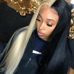 Half Blonde Half Red Hair Bone Straight Colored Wigs Lace Front Human Hair Wigs 180% Density