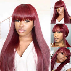 99J Burgundy Human Hair Wig With Bangs Silky Straight Human Hair Wigs
