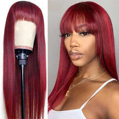 99J Burgundy Human Hair Wig With Bangs Silky Straight Human Hair Wigs