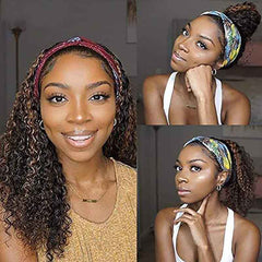 1B/30 Medium Auburn Brown Highlight Glueless Wig Deep Wave Curly Human Hair Headband Wigs