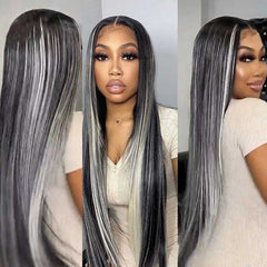 Platinum Highlights Straight Mixed Color Transparent HD Lace Front Human Hair Wigs
