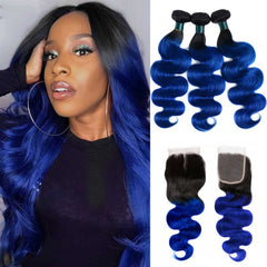 Ombre Blue Human Hair Weave Bundles with Closure Dark Roots