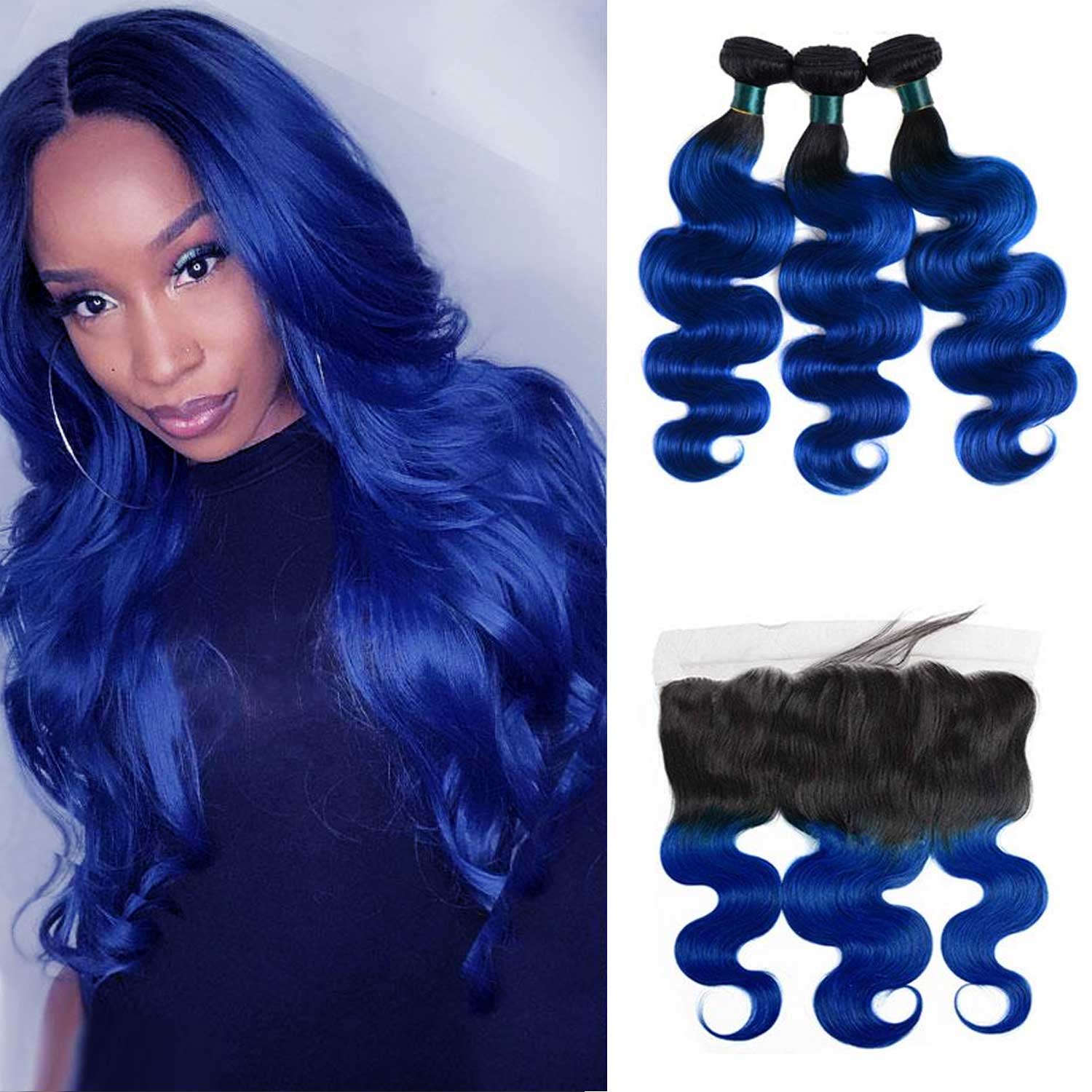 Ombre Blue Human Hair Weave Bundles with Frontal Dark Roots