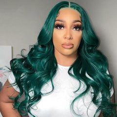 Emerald Green Wavy Wig Human Hair Long Colored Lace Front Wigs