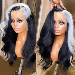 Black Highlights Wig with Gray Streak at Front 13x4 HD Lace Front Human Hair Wigs