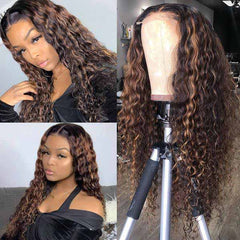 Chocolate Brown Highlight Deep Curly Wig Brazilian Virgin Human Hair Wigs