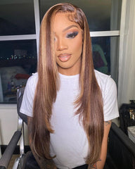Layered Brown Blonde Highlights 360 Lace Frontal Wig Straight 100% Human Hair Wigs