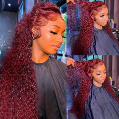 99J Dark Red Burgundy Jerry Curly Wig 360 Transparent Lace Frontal Human Hair Wigs