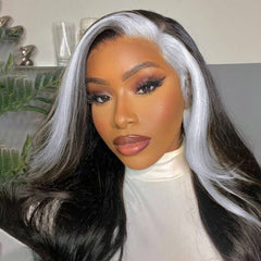 Black Highlights Wig with Gray Streak at Front 13x4 HD Lace Front Human Hair Wigs