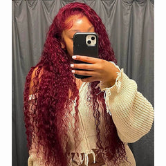 Wine Red Burgundy Deep Curly Lace Wig 100% Human Hair