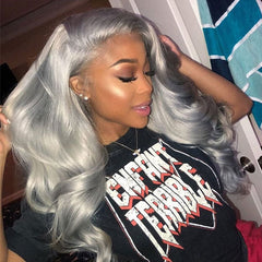 Silver Grey Wavy Human Hair Wig 13x4 HD Lace Front Wigs