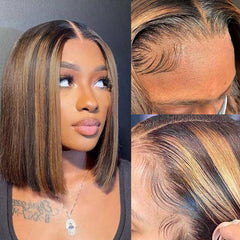 Blonde Brown Highlight Straight Bob Wigs 100% Human Hair For Women