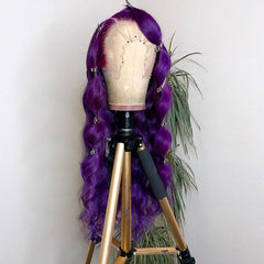 Purple Wavy Wig Human Hair Long Colored Lace Front Wigs