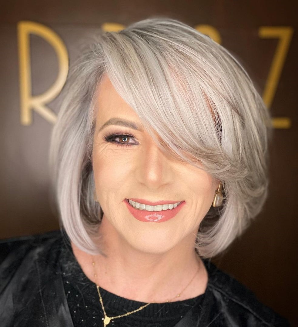 Silver Bob Wigs with Side Bangs for Women Caucasian 100% Human Hair