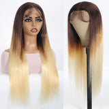 Brown Roots Ombre Wig Blonde Bone Straight Human Hair Wigs