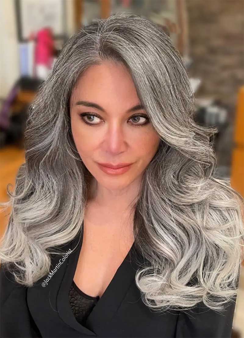 Long Wavy Salt and Pepper Wigs 100% Real Human Hair for Caucasian Women