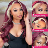 Burgundy Human Hair Wigs with Blonde Skunk Stripe for Women