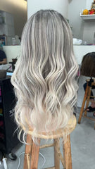 MEBARY Ash Blonde Balayage with Dark Roots Wavy Human Hair Wig for White Women