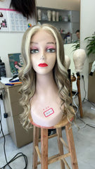 MEBARY Long Wavy Blonde Highlighted Ombre Human Hair Wig for White Women