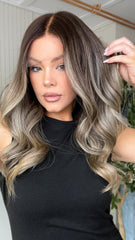 Mebary Cool Gray Brown Highlights Wavy Wigs Human Hair for Caucasian
